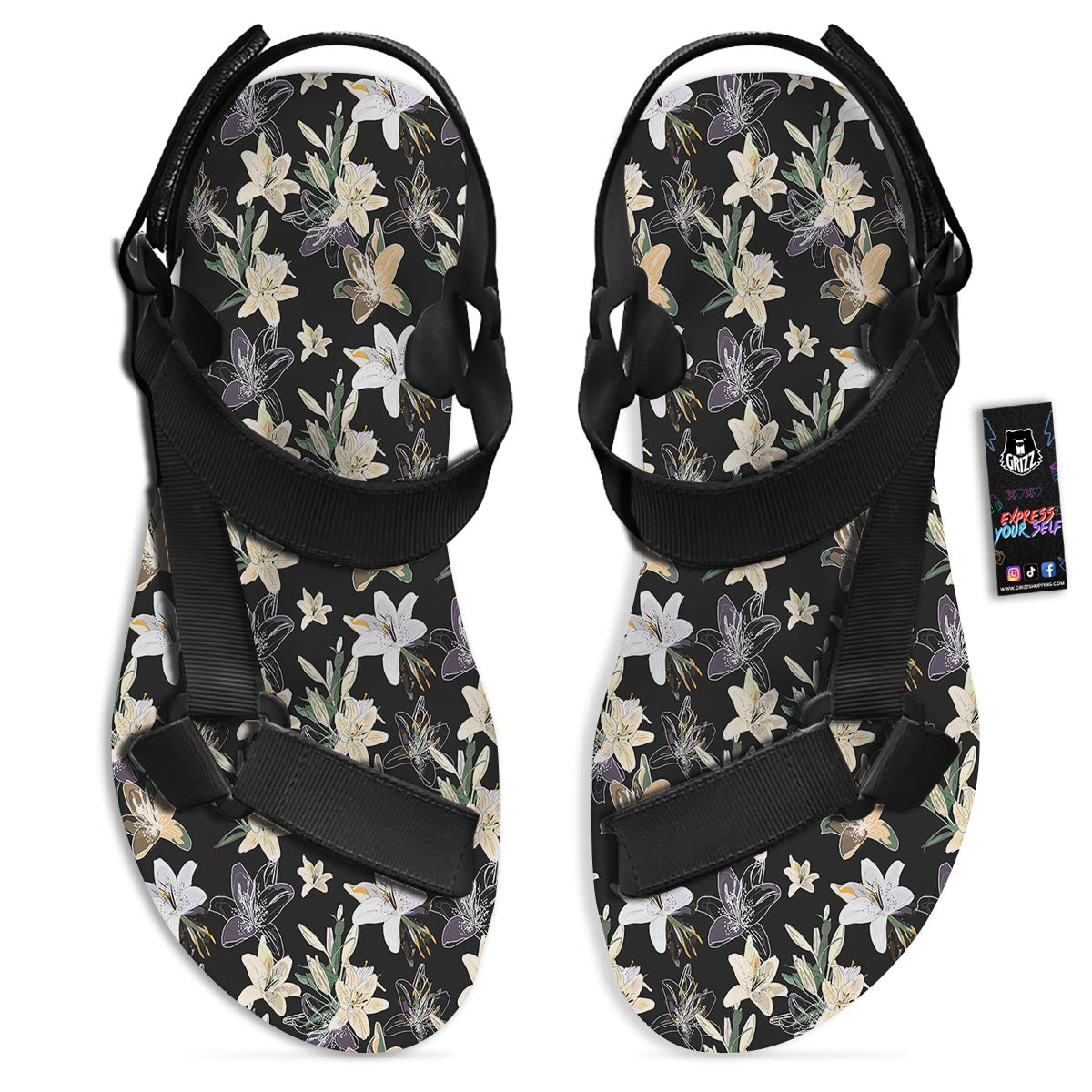 Flowers Spring Lily Print Pattern Black Open Toe Sandals-grizzshop