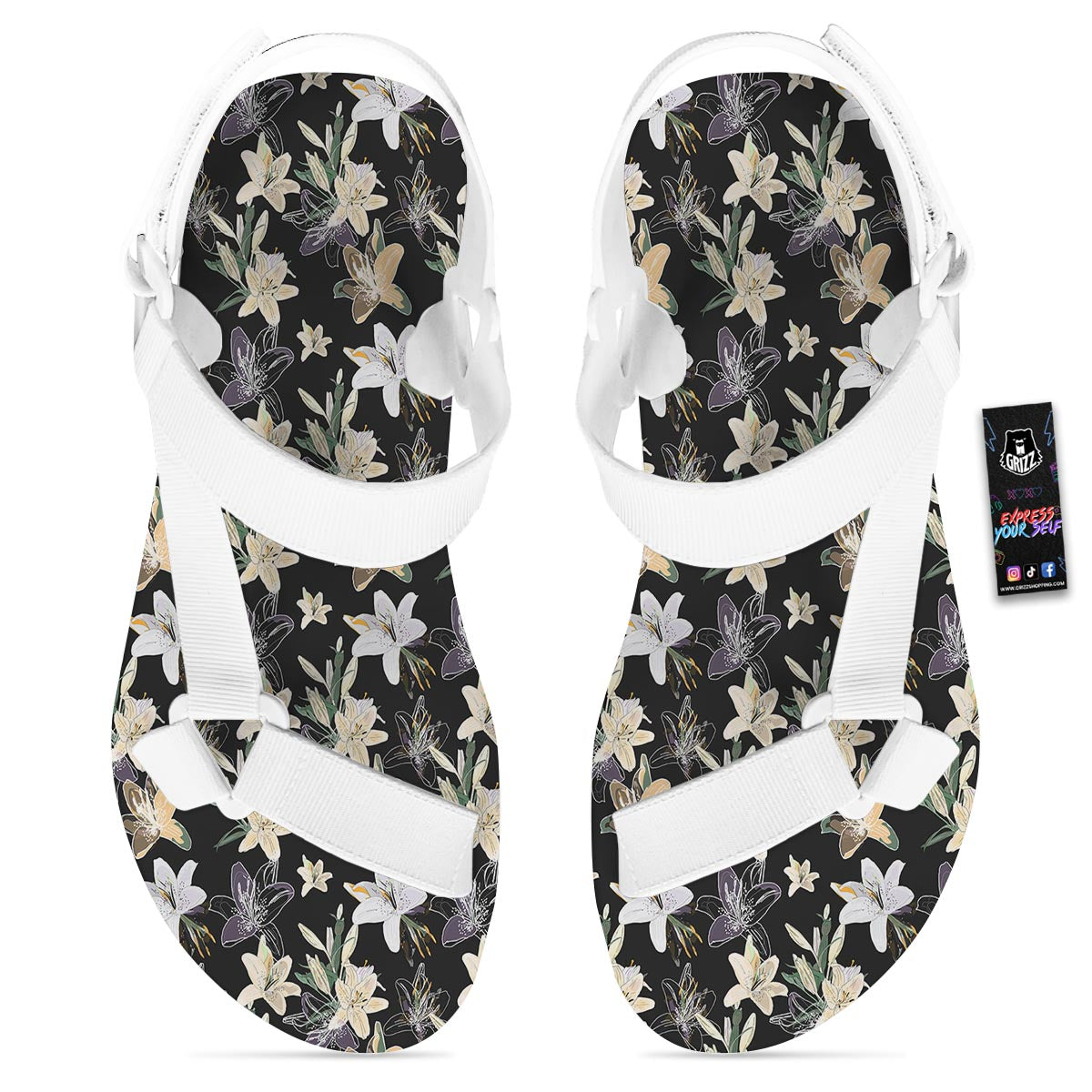 Flowers Spring Lily Print Pattern White Open Toe Sandals-grizzshop
