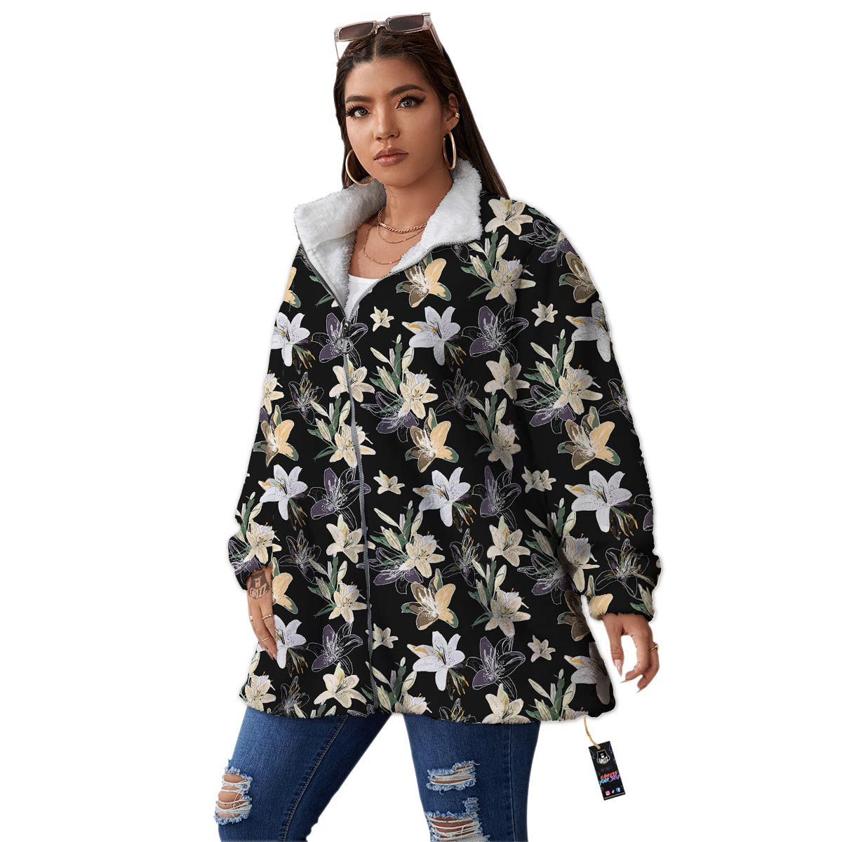 Flowers Spring Lily Print Pattern Women's Sherpa Jacket-grizzshop