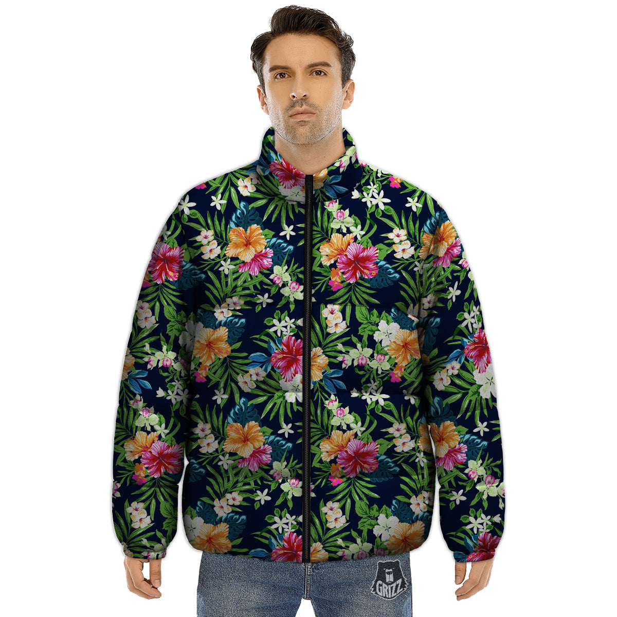 Flowers Tropical Print Pattern Puffer Jacket-grizzshop