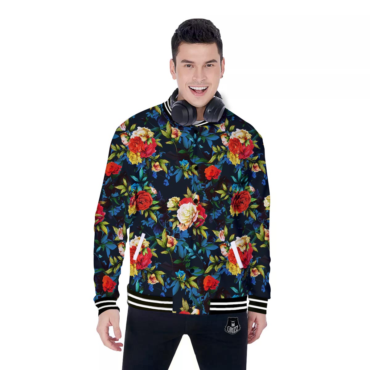 Flowers Yellow And Red Print Pattern Baseball Jacket-grizzshop