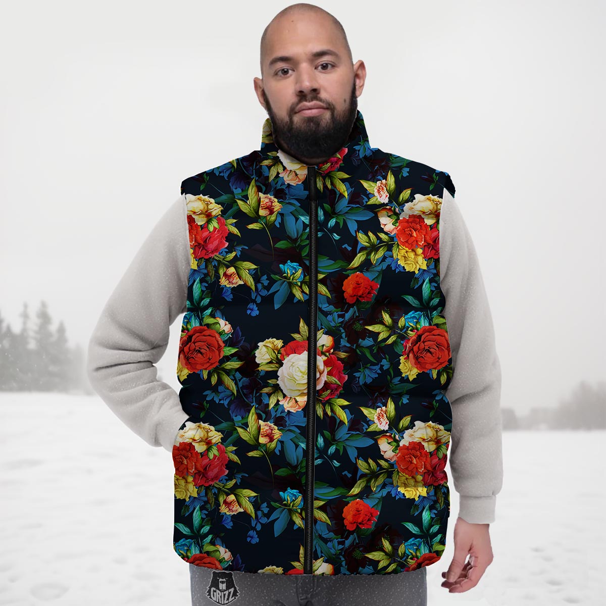 Flowers Yellow And Red Print Pattern Down Vest-grizzshop