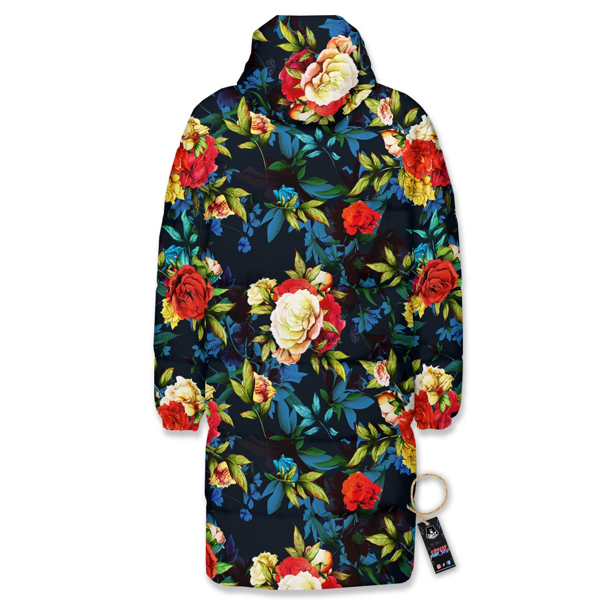 Flowers Yellow And Red Print Pattern Long Down Jacket-grizzshop