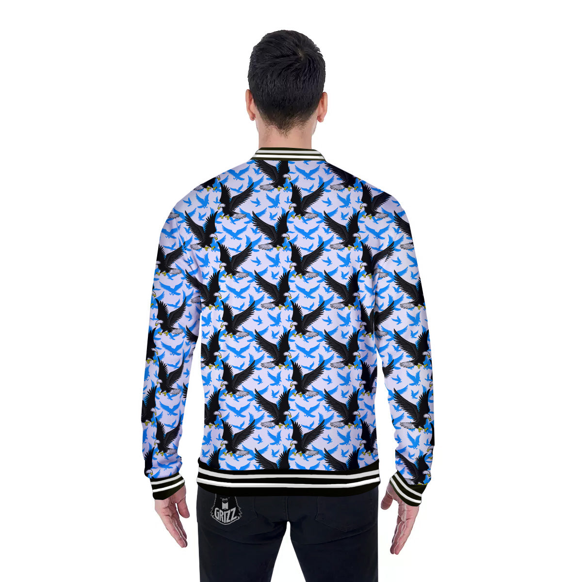 Flying Bald Eagles Blue White Print Pattern Baseball Jacket-grizzshop