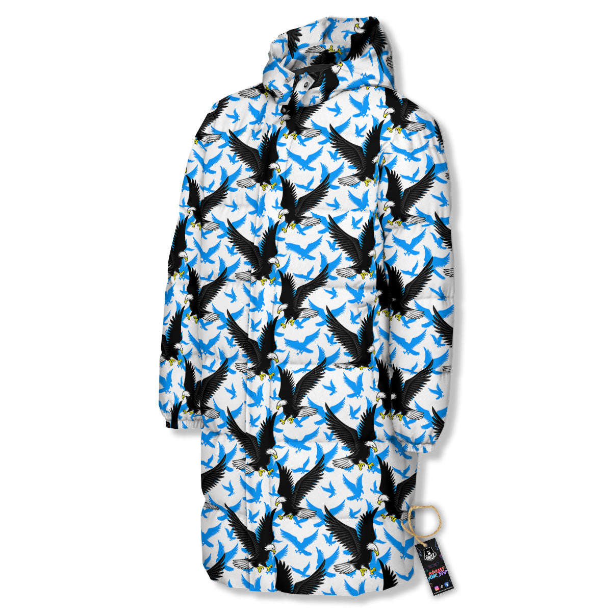 Flying Bald Eagles Blue White Print Pattern Long Down Jacket-grizzshop