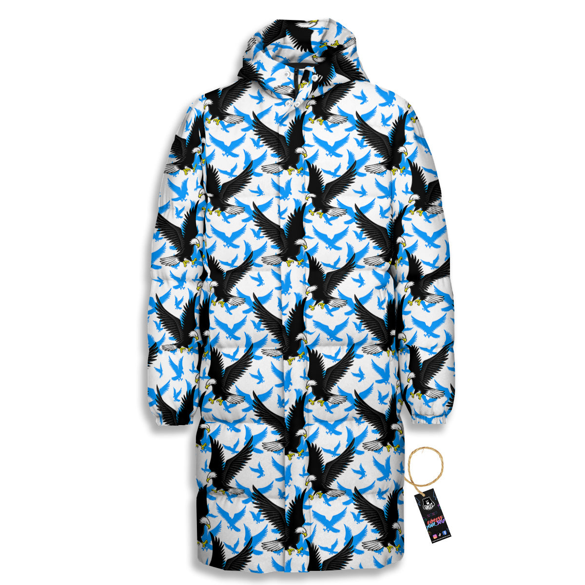 Flying Bald Eagles Blue White Print Pattern Long Down Jacket-grizzshop