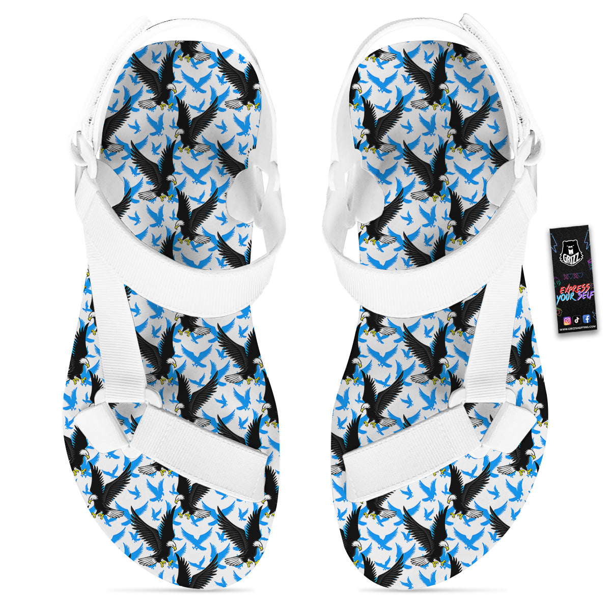 Flying Bald Eagles Blue White Print Pattern White Open Toe Sandals-grizzshop