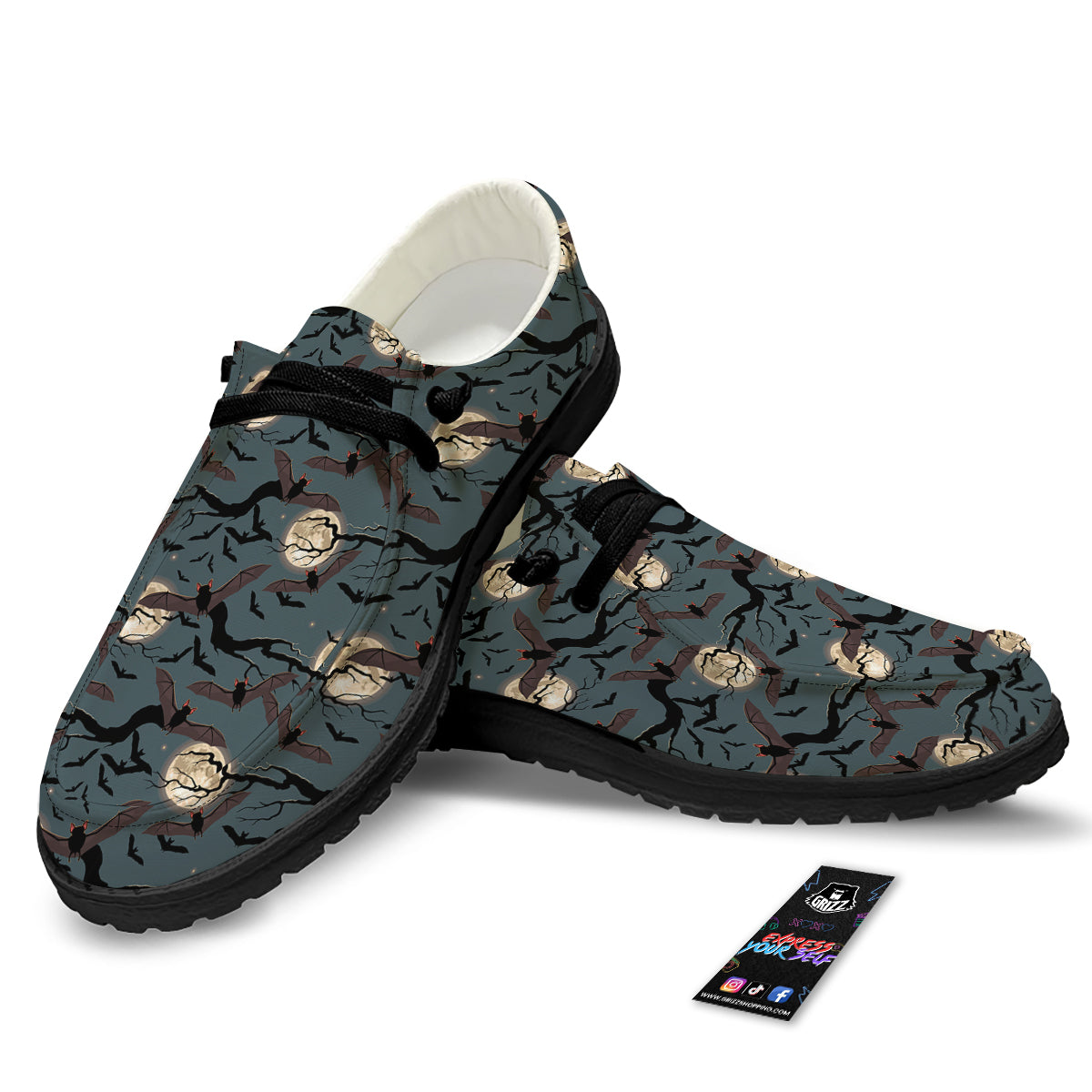 Flying Bat In The Moonlight Print Pattern Black Loafers-grizzshop
