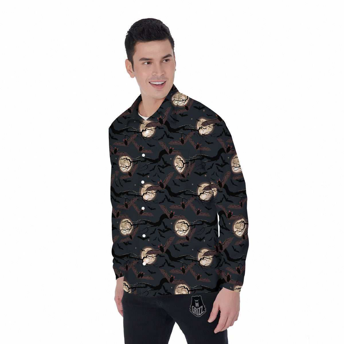 Flying Bat In The Moonlight Print Pattern Men's Long Sleeve Shirts-grizzshop