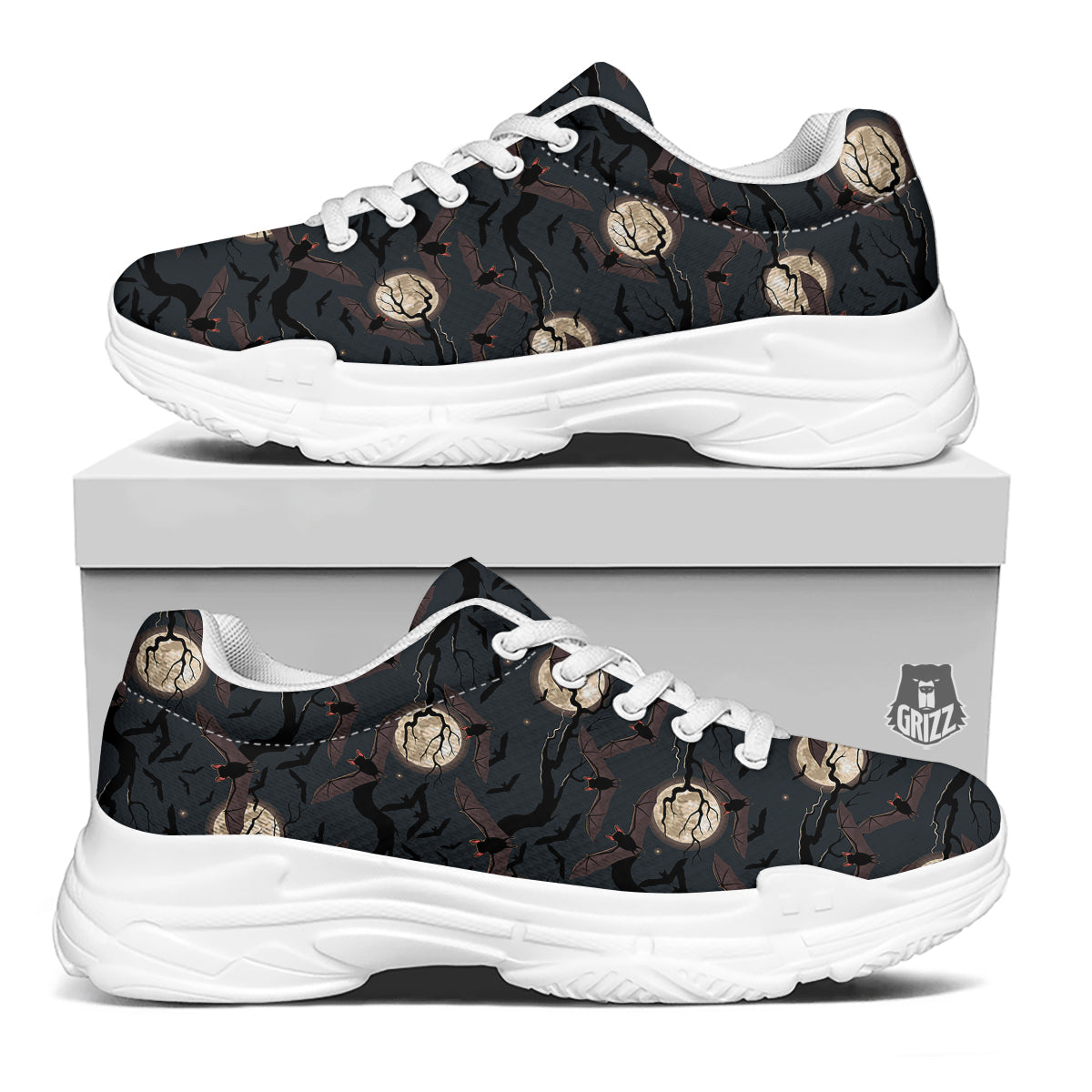 Flying Bat In The Moonlight Print Pattern White Chunky Shoes-grizzshop