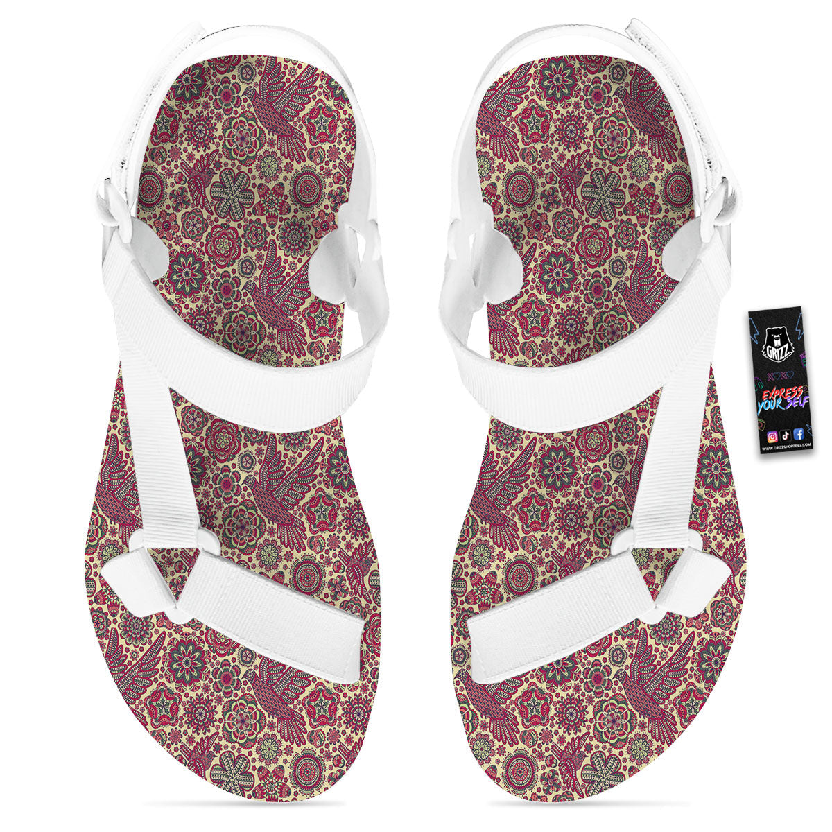 Flying Bird Mandala Print Pattern White Open Toe Sandals-grizzshop
