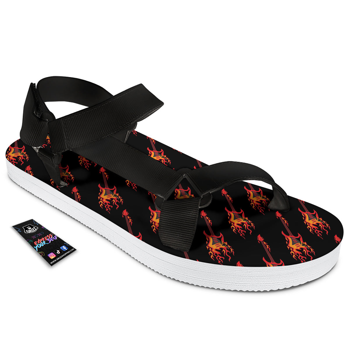 Flying Burning Guitars Print Pattern Black Open Toe Sandals-grizzshop