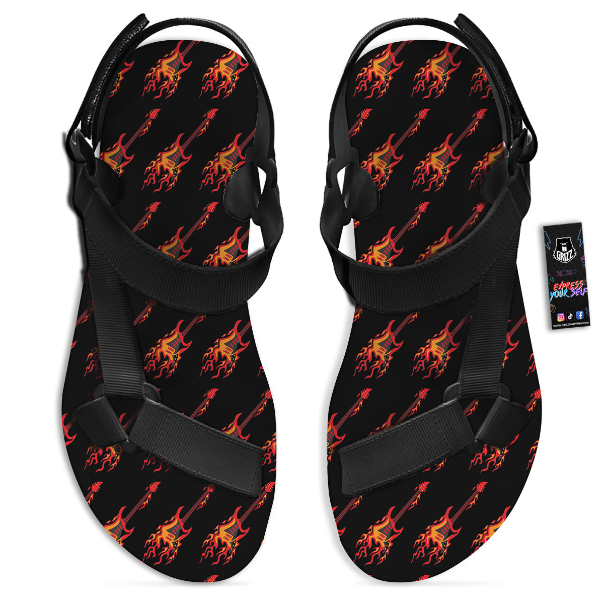 Flying Burning Guitars Print Pattern Black Open Toe Sandals-grizzshop