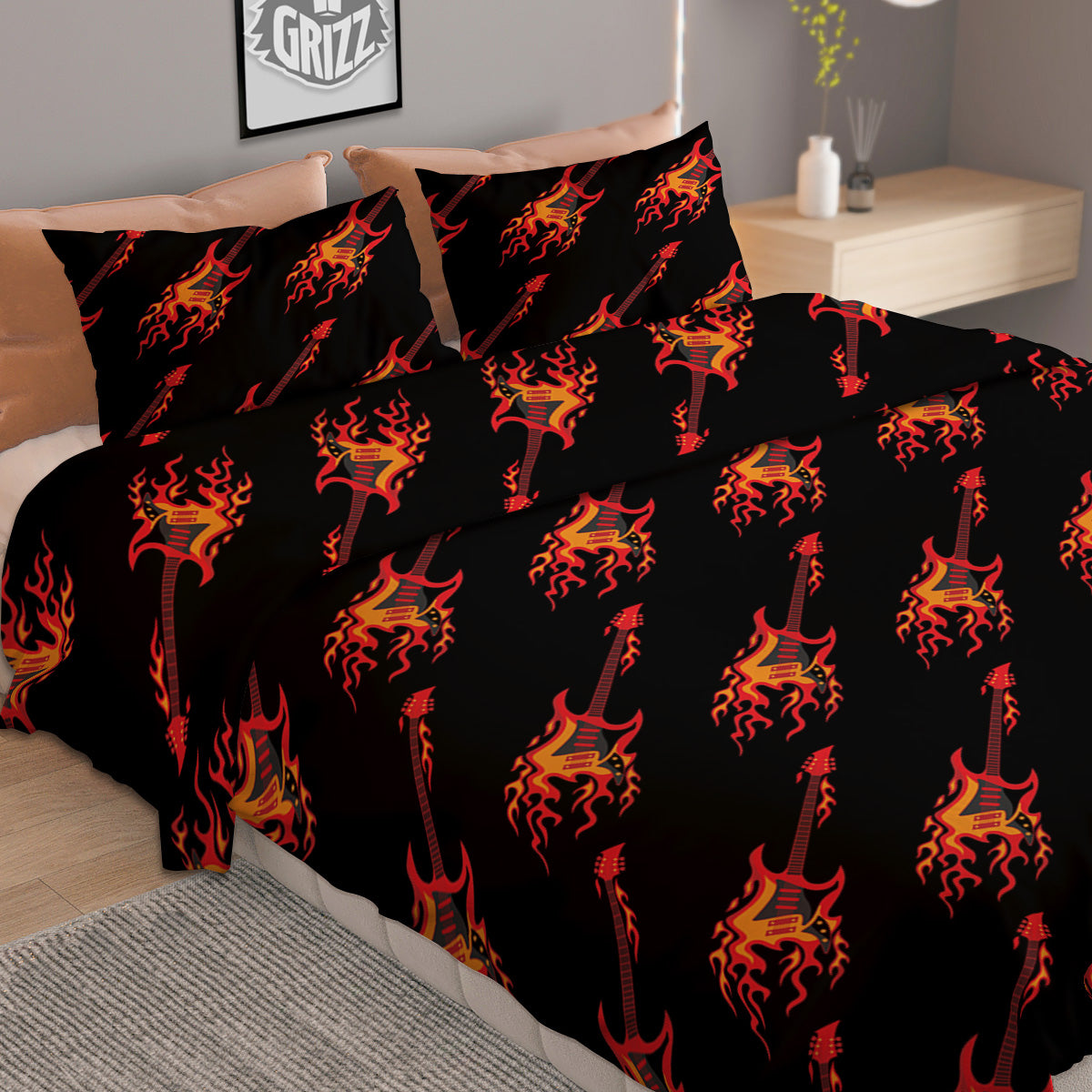 Flying Burning Guitars Print Pattern Duvet Cover Bedding Set