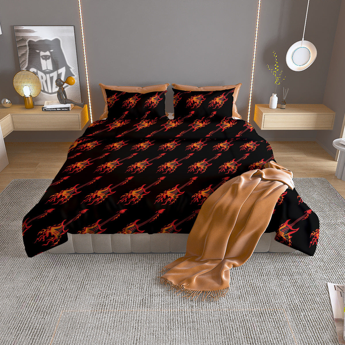 Flying Burning Guitars Print Pattern Duvet Cover Bedding Set