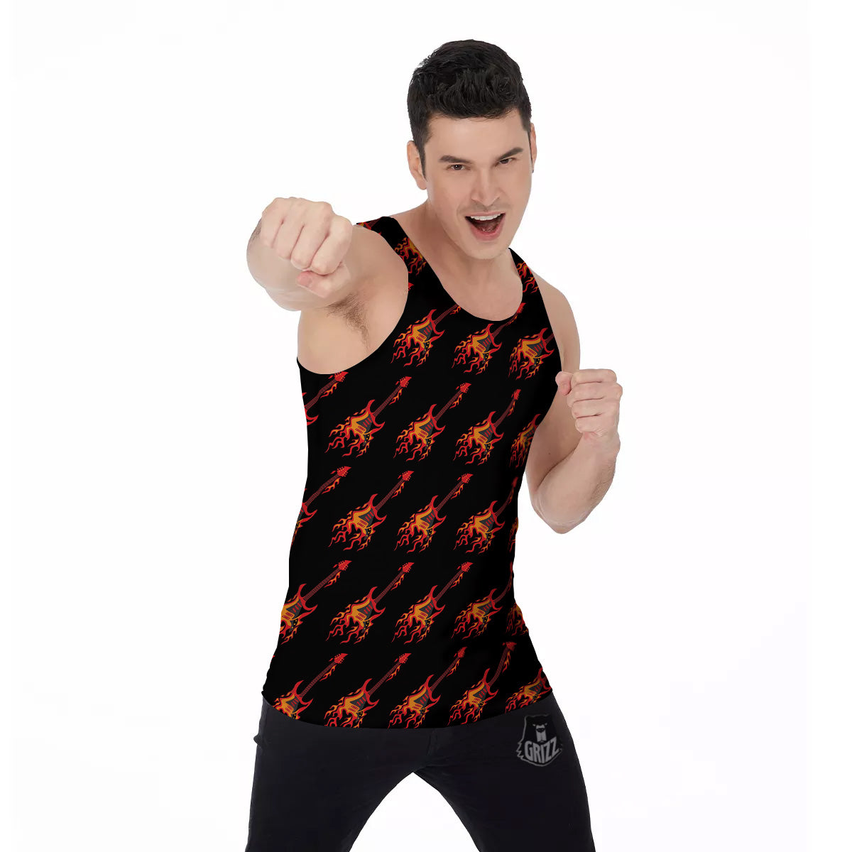 Flying Burning Guitars Print Pattern Men's Tank Top-grizzshop