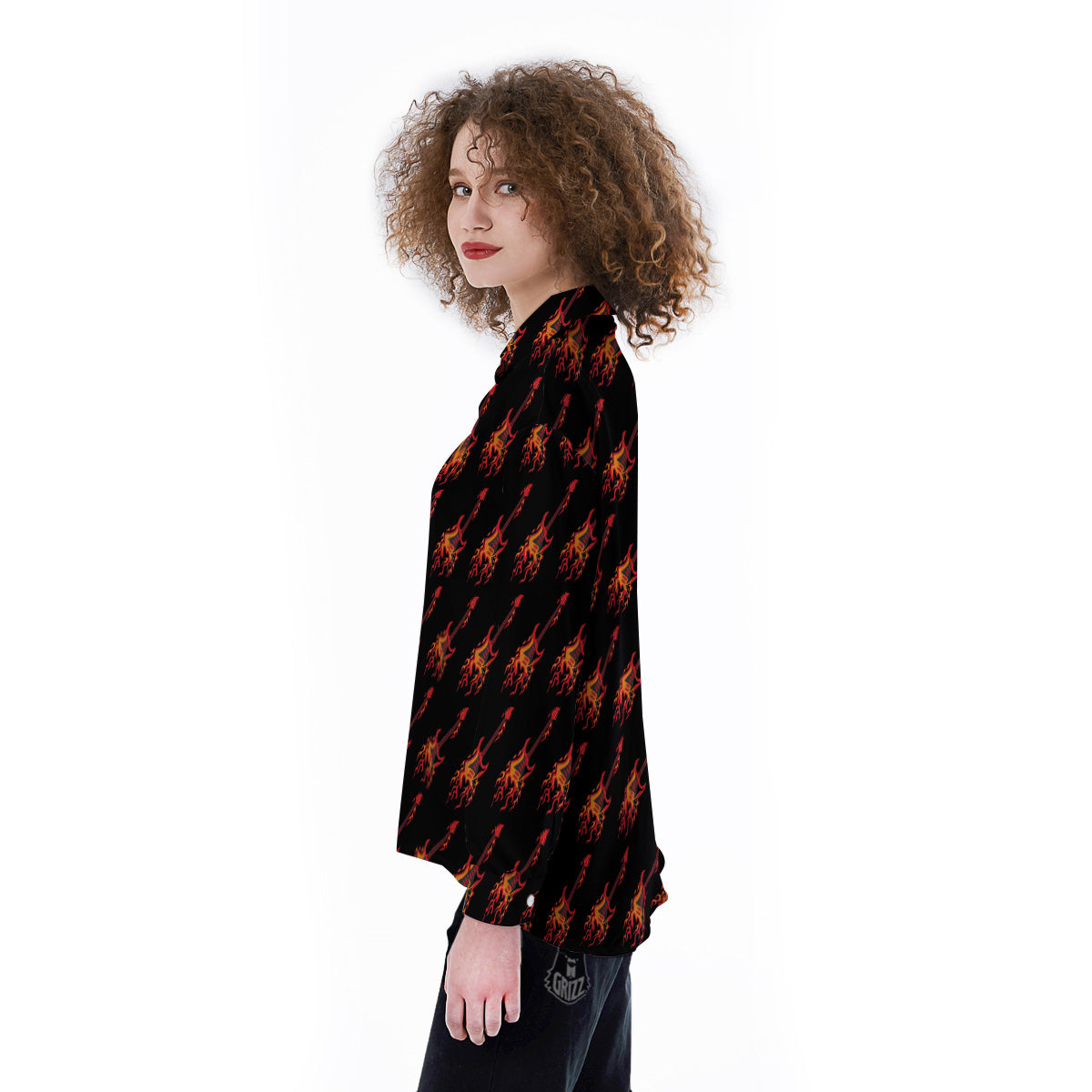 Flying Burning Guitars Print Pattern Women's Long Sleeve Shirts-grizzshop