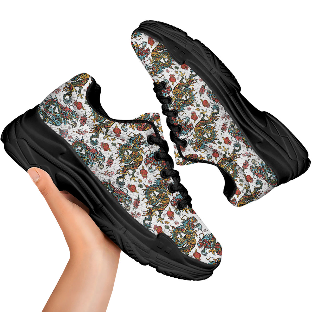 Flying Chinese Dragons Tattoo Print Pattern Black Chunky Shoes-grizzshop