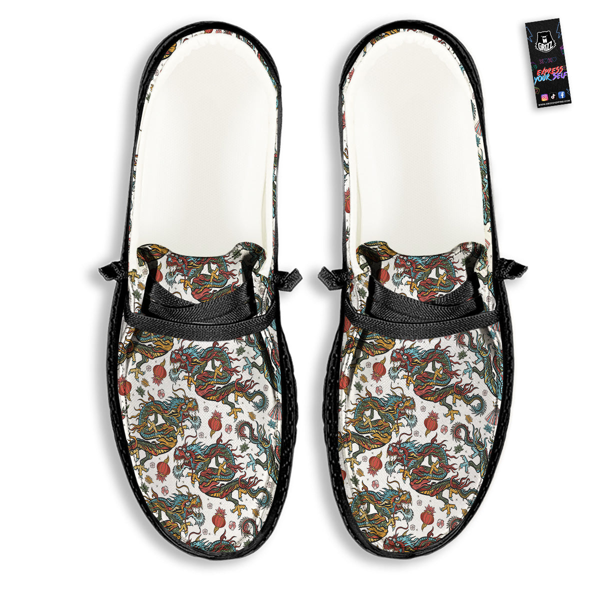 Flying Chinese Dragons Tattoo Print Pattern Black Loafers-grizzshop