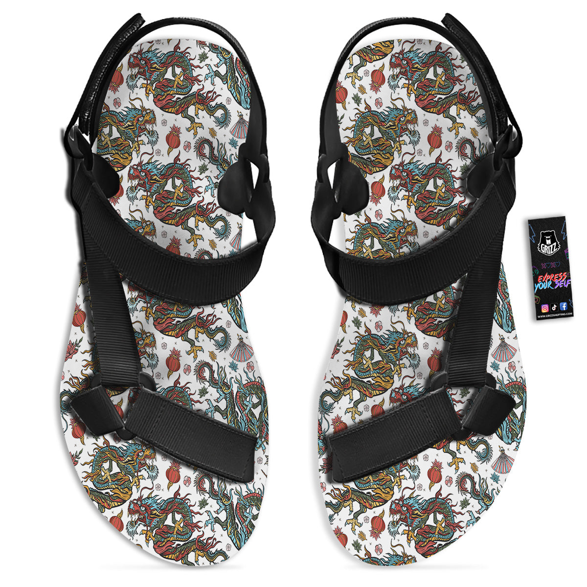 Flying Chinese Dragons Tattoo Print Pattern Black Open Toe Sandals-grizzshop