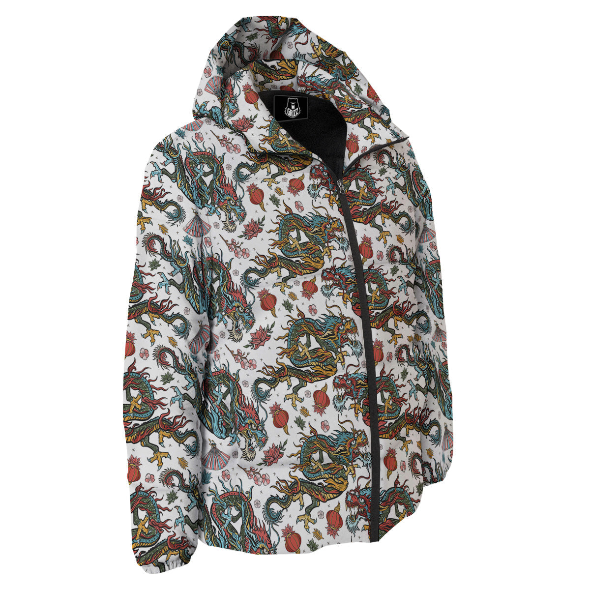 Flying Chinese Dragons Tattoo Print Pattern Down Jacket-grizzshop