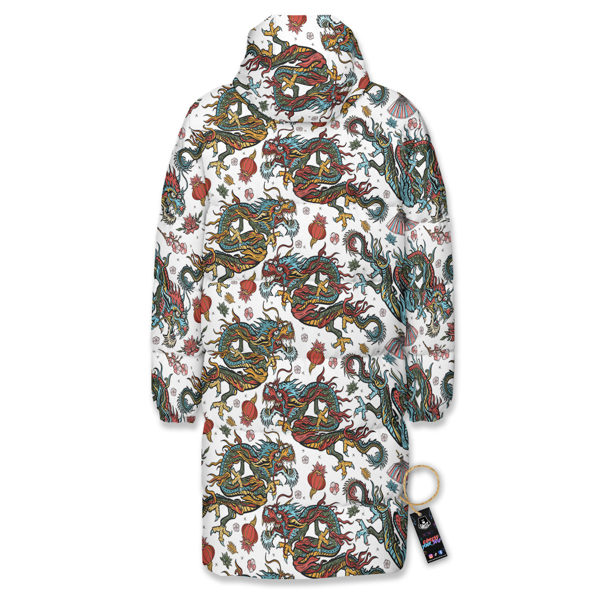 Flying Chinese Dragons Tattoo Print Pattern Long Down Jacket-grizzshop