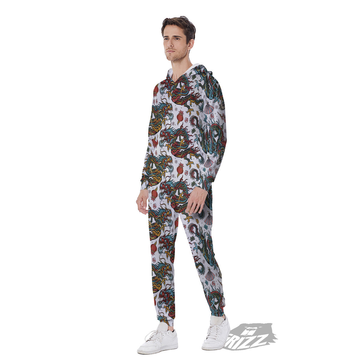 Flying Chinese Dragons Tattoo Print Pattern Men's Jumpsuit-grizzshop