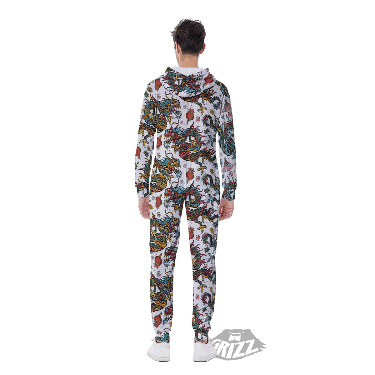 Flying Chinese Dragons Tattoo Print Pattern Men's Jumpsuit-grizzshop