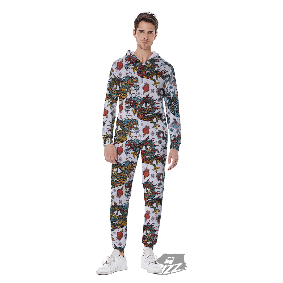 Flying Chinese Dragons Tattoo Print Pattern Men's Jumpsuit-grizzshop