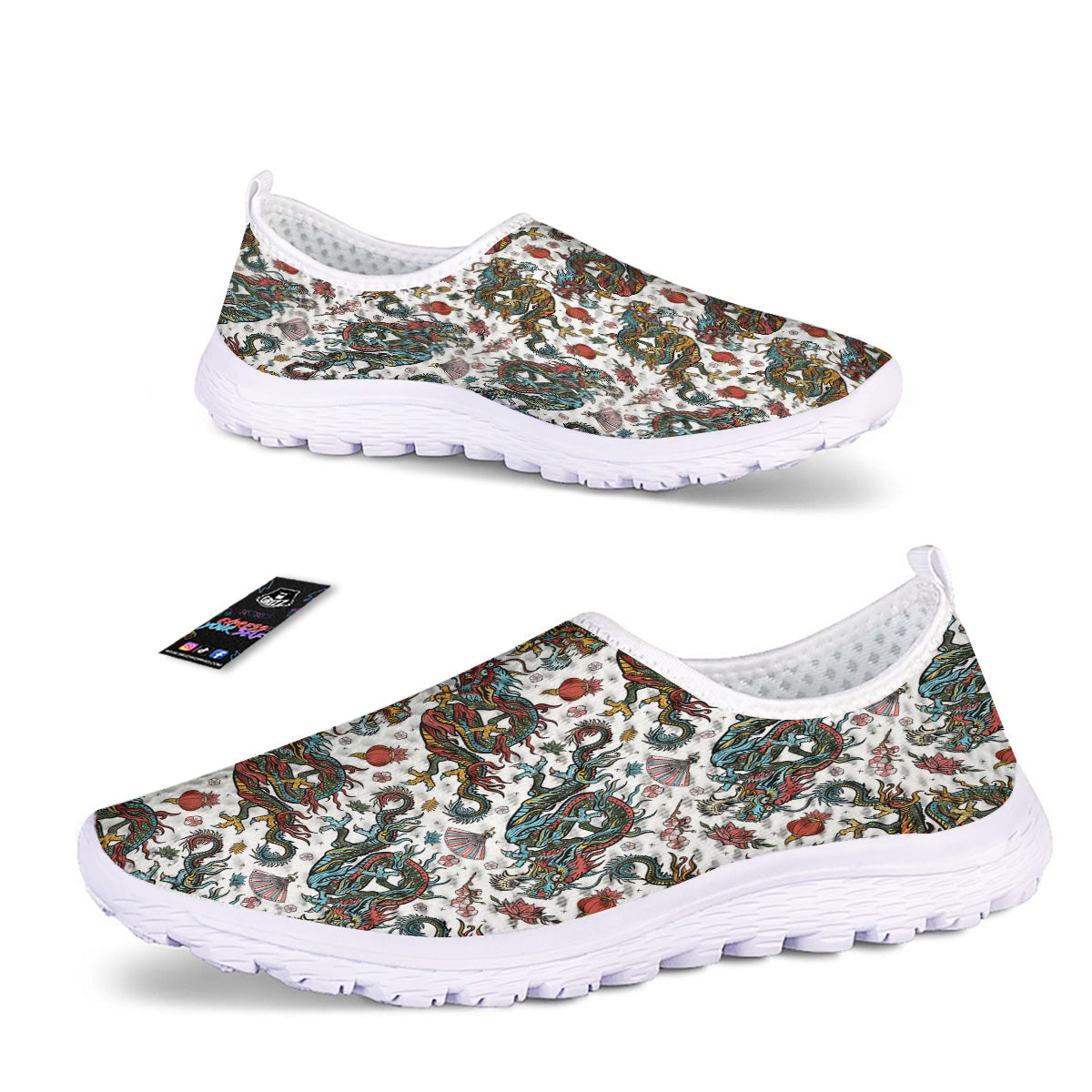 Flying Chinese Dragons Tattoo Print Pattern Nurse Shoes-grizzshop