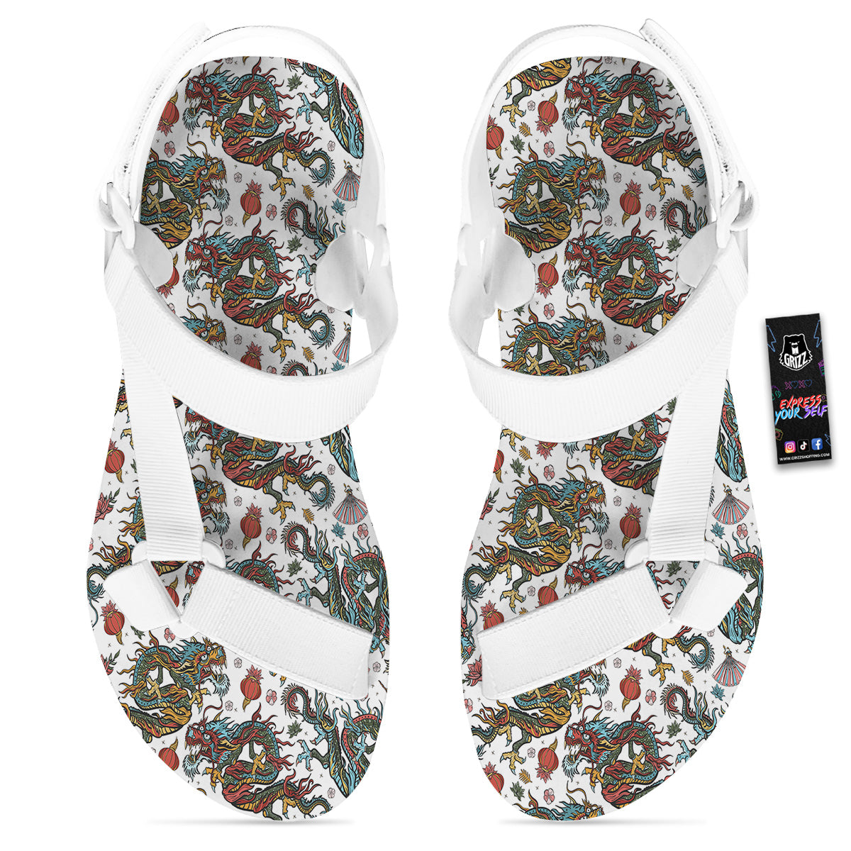Flying Chinese Dragons Tattoo Print Pattern White Open Toe Sandals-grizzshop