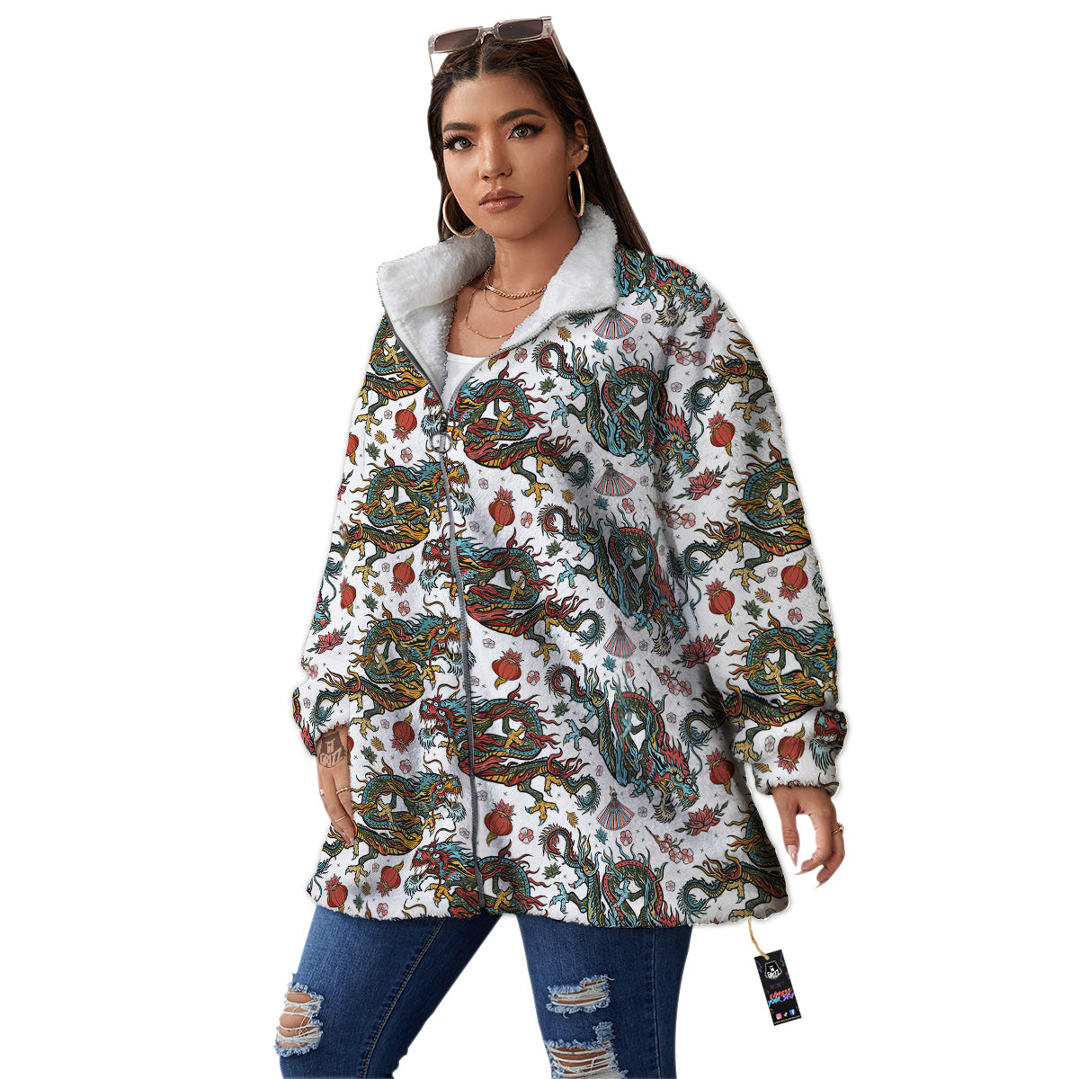 Flying Chinese Dragons Tattoo Print Pattern Women's Sherpa Jacket-grizzshop