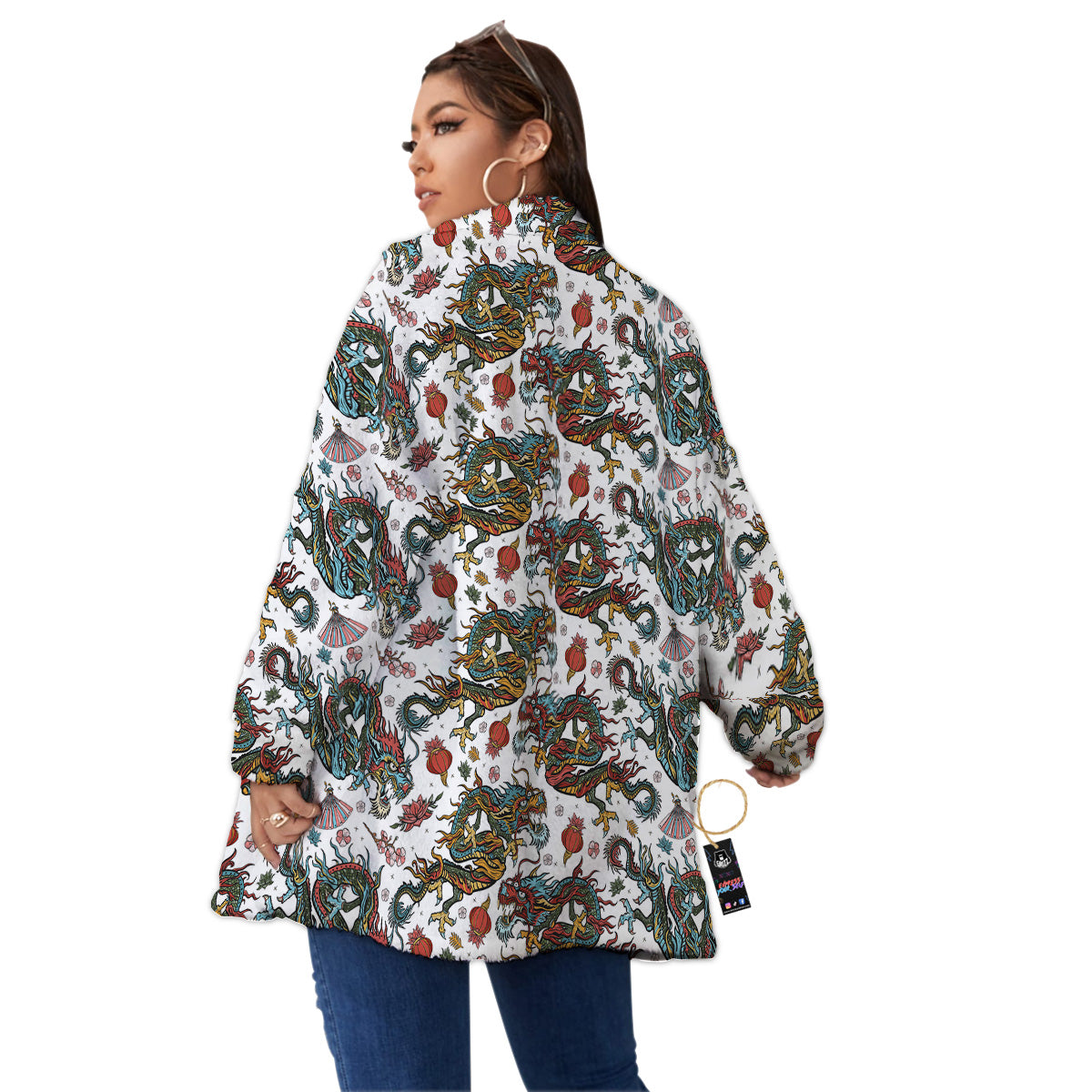 Flying Chinese Dragons Tattoo Print Pattern Women's Sherpa Jacket-grizzshop