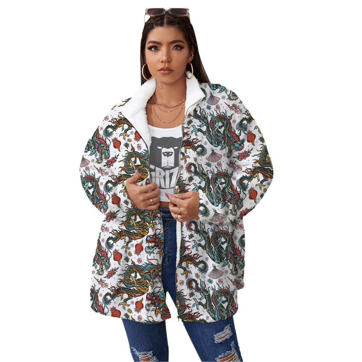 Flying Chinese Dragons Tattoo Print Pattern Women's Sherpa Jacket-grizzshop