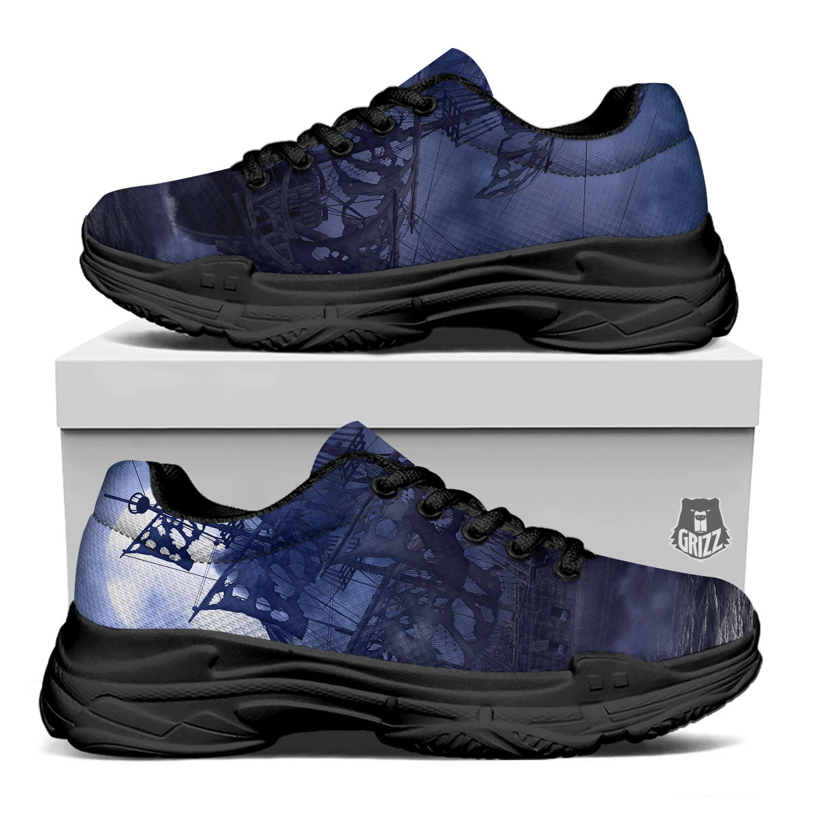 Flying Dutchman Ghost Pirate Ship Print Black Chunky Shoes-grizzshop