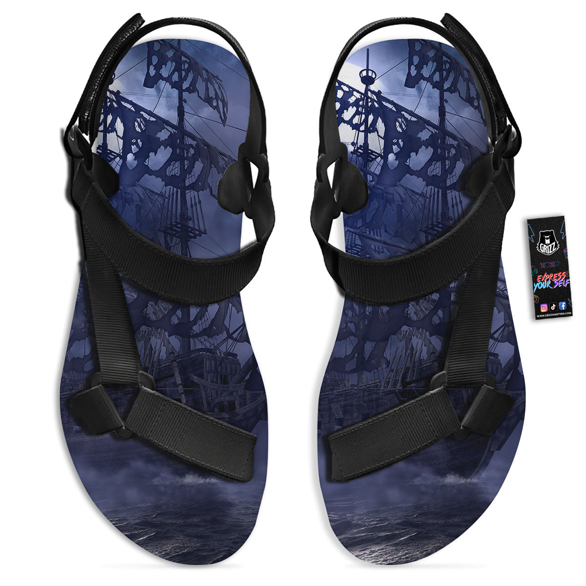Flying Dutchman Ghost Pirate Ship Print Black Open Toe Sandals-grizzshop