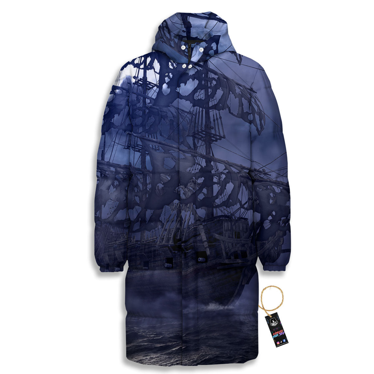 Flying Dutchman Ghost Pirate Ship Print Long Down Jacket-grizzshop
