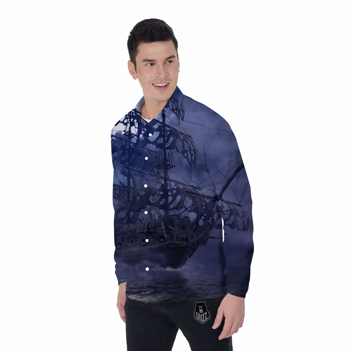 Flying Dutchman Ghost Pirate Ship Print Men's Long Sleeve Shirts-grizzshop