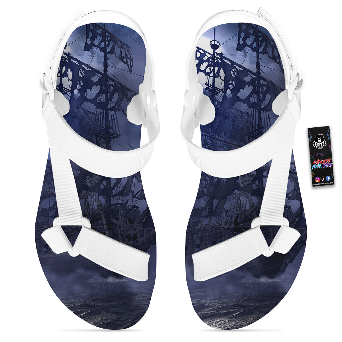 Flying Dutchman Ghost Pirate Ship Print White Open Toe Sandals-grizzshop