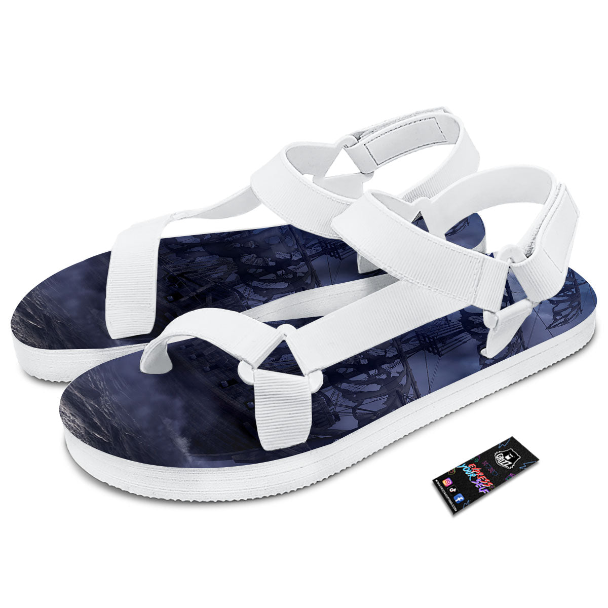 Flying Dutchman Ghost Pirate Ship Print White Open Toe Sandals-grizzshop