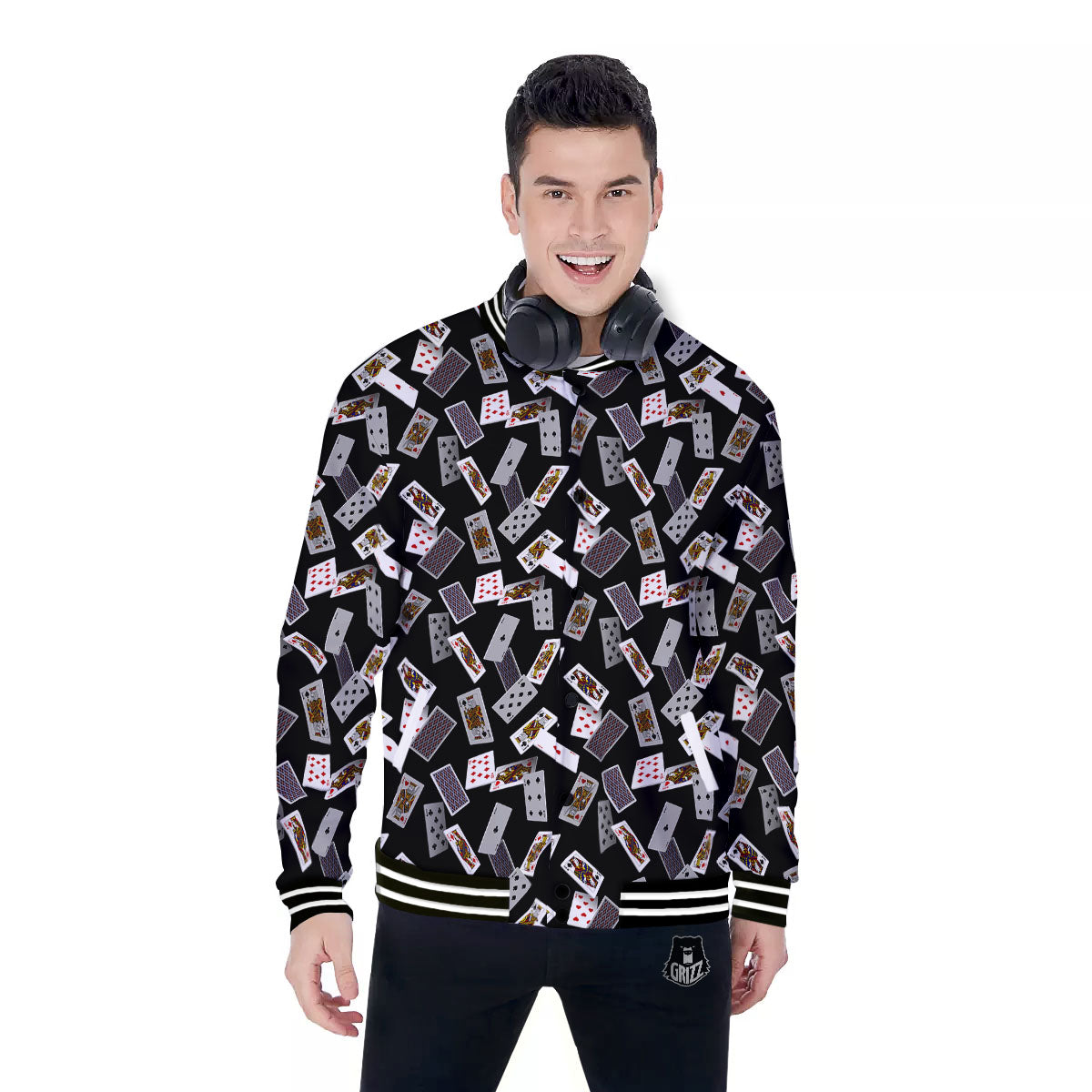 Flying Playing Cards Print Baseball Jacket-grizzshop