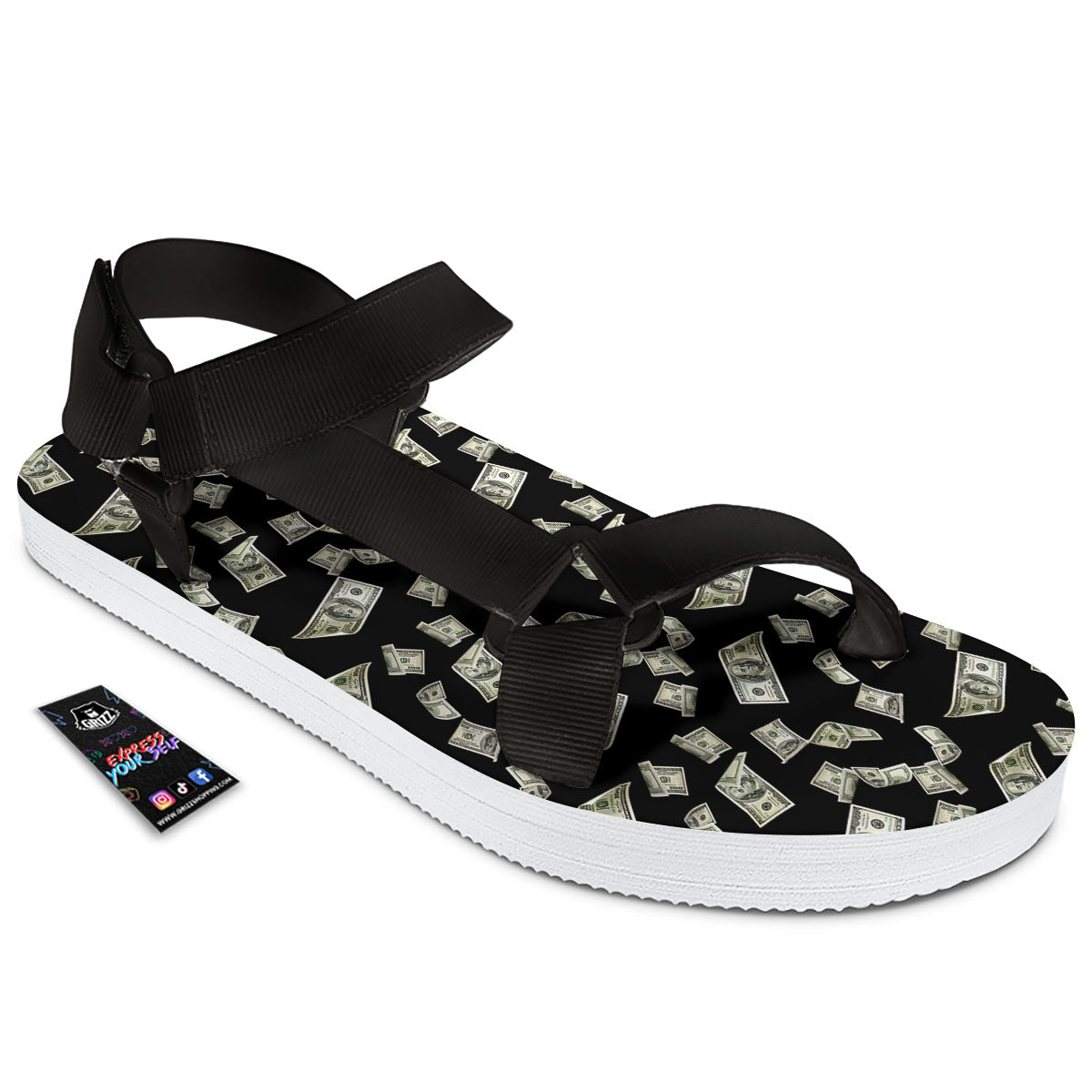 Flying US Dollar Money Print Black Open Toe Sandals-grizzshop