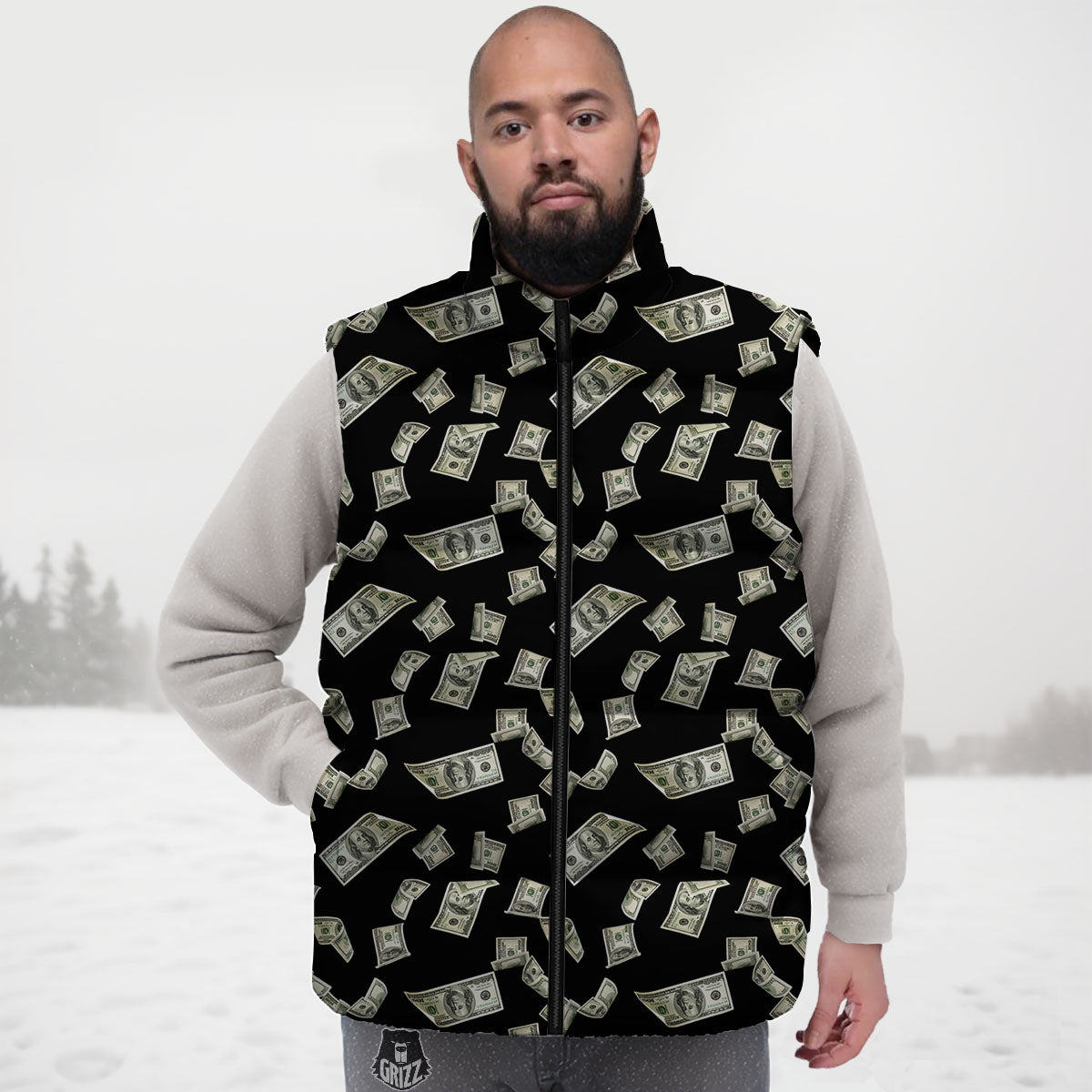 Flying US Dollar Money Print Down Vest