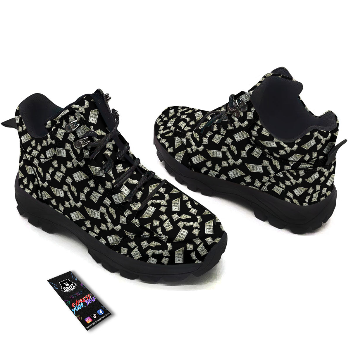 Flying US Dollar Money Print Hiking Shoes-grizzshop