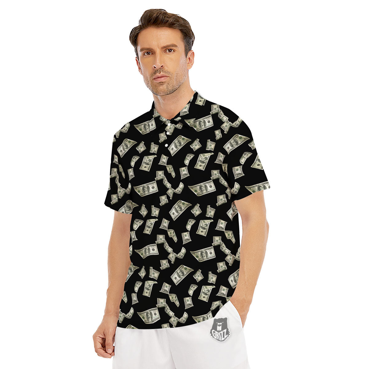 Flying US Dollar Money Print Men's Golf Shirts-grizzshop