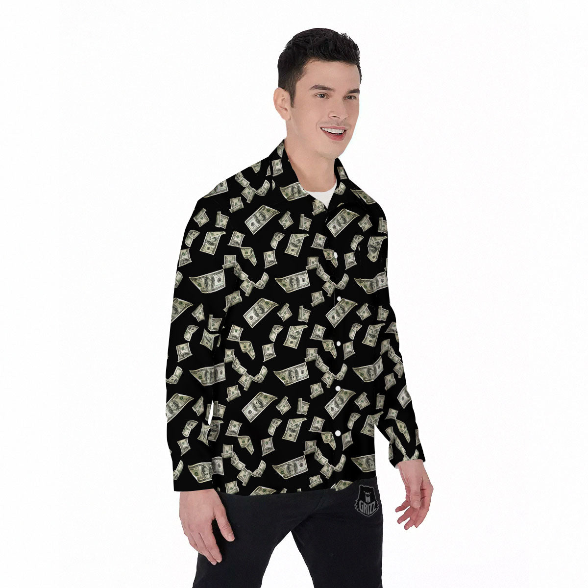 Flying US Dollar Money Print Men's Long Sleeve Shirts-grizzshop