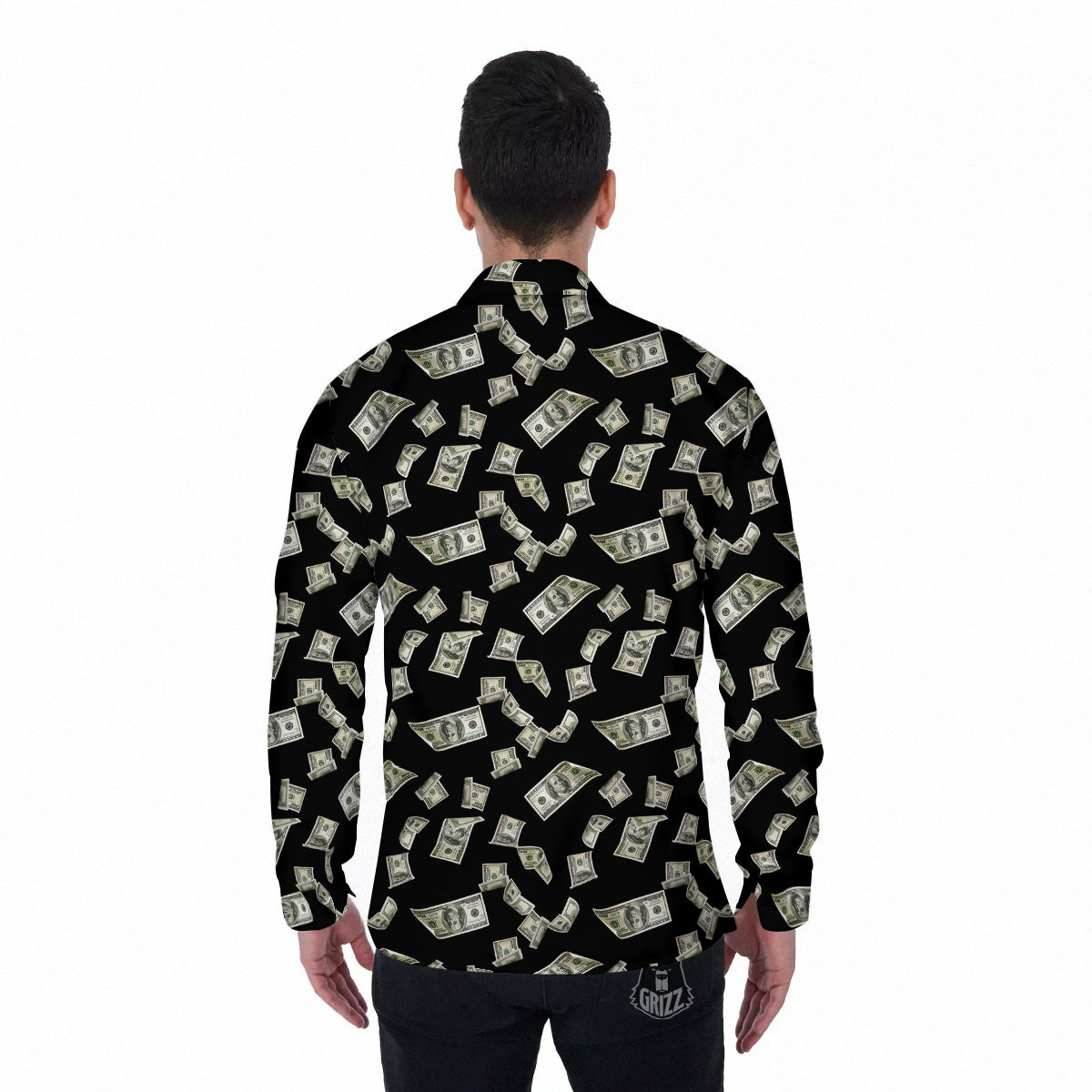 Flying US Dollar Money Print Men's Long Sleeve Shirts-grizzshop