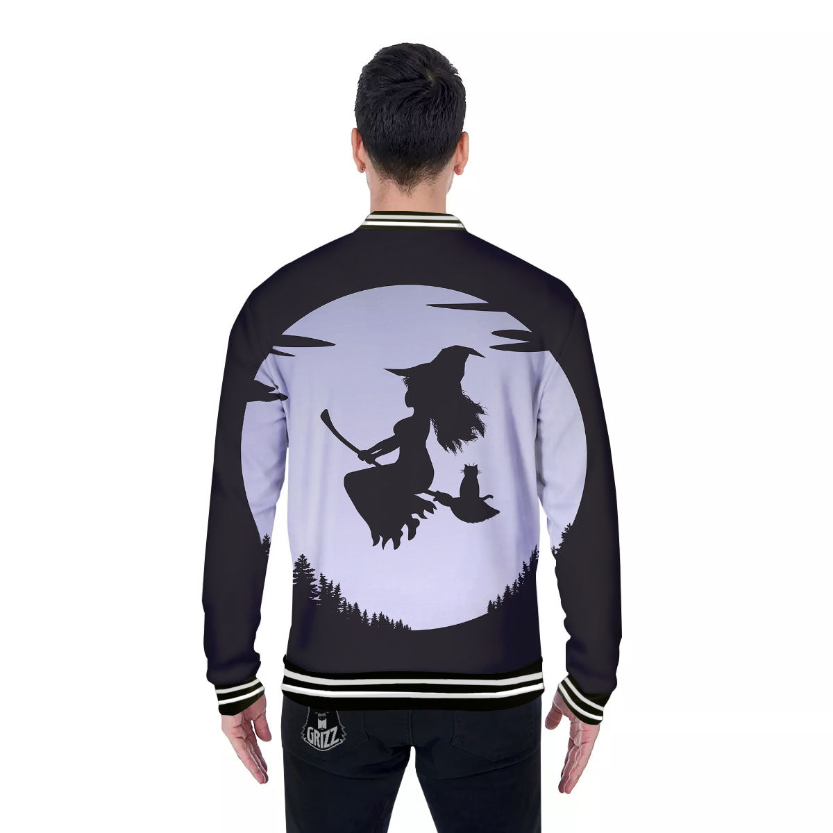 Flying Witch Cat Halloween Print Baseball Jacket-grizzshop