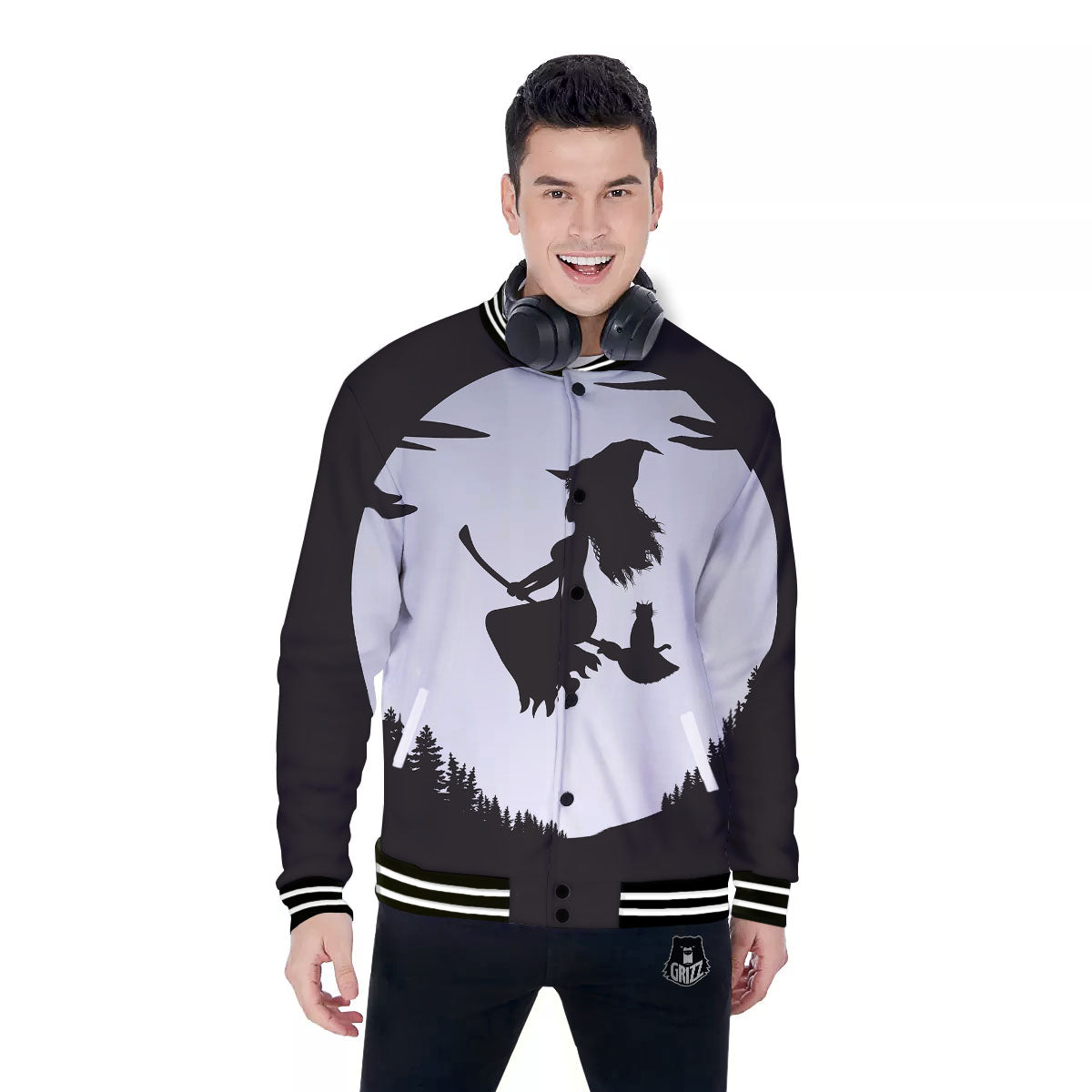 Flying Witch Cat Halloween Print Baseball Jacket-grizzshop