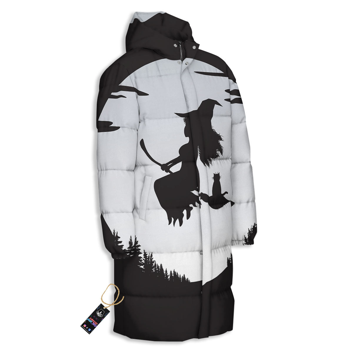 Flying Witch Cat Halloween Print Long Down Jacket-grizzshop